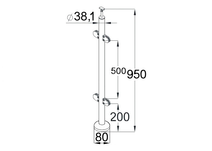 Стойка Inoxstore круглая Ø 38,1х950 мм, с 4 литыми стеклодержателями, сатинированная, AISI 304