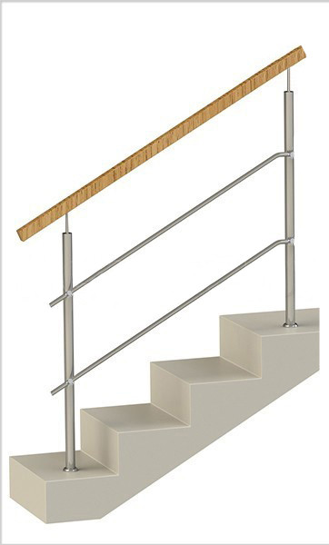 Ограждение на два ригеля, квадратный деревянный поручень и круглые стойки