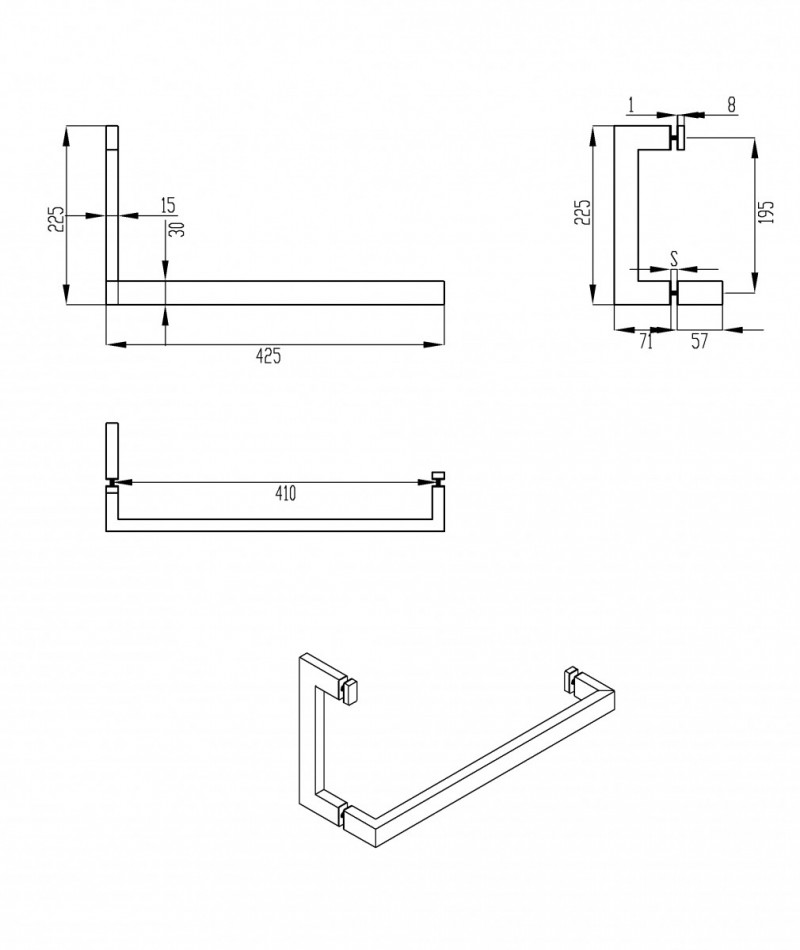 Ручка для душевой кабины 15х30х225х425 мм, полированная, AISI 304