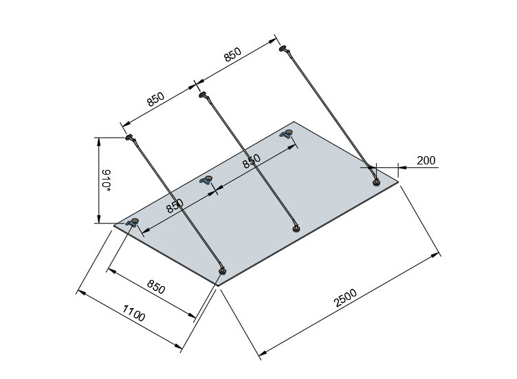 Стеклянный козырек Inoxstore на вантах, 1100х2500 мм