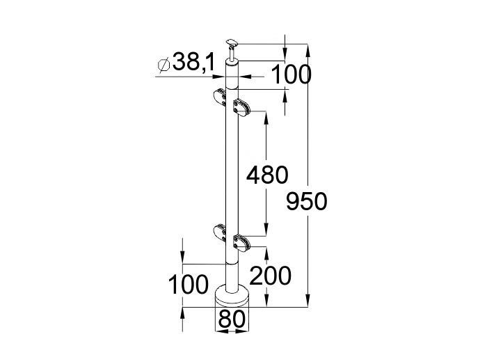 Стойка Inoxstore круглая, деревянная Ø 38,1х950 мм, с 4 литыми стеклодержателями, со вставками из сатинированной, нержавеющей стали AISI 304