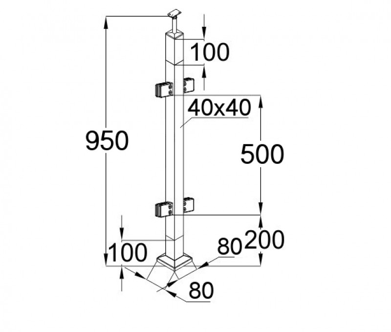 Стойка Inoxstore квадратная, деревянная 40х40х950 мм с 4 литыми стеклодержателями, со вставками из нержавеющей стали AISI 304, покрытие под золото