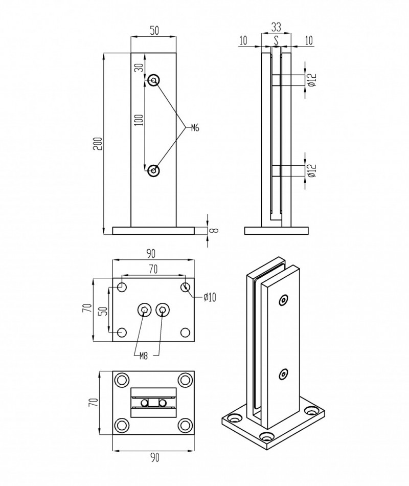 Стеклодержатель Inoxstore напольный, зажимной 48х200 мм, сатинированный, AISI 304
