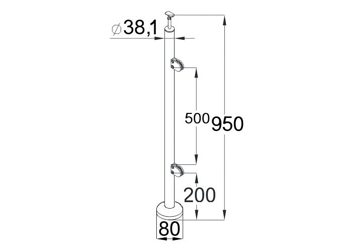 Стойка Inoxstore круглая Ø 38,1х950 мм, с 2 литыми стеклодержателями (R - крепление), сатинированная, AISI 304