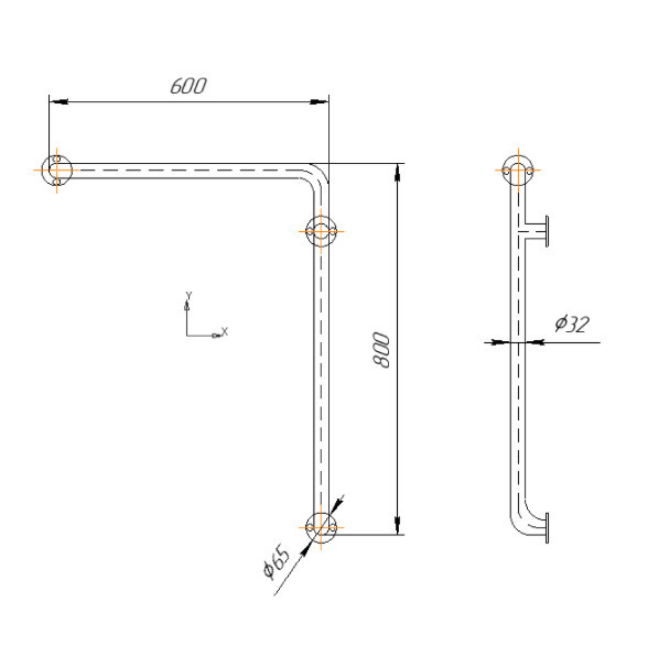 Поручень пристенный для ванных комнат 800х600 мм, изгиб 90° Inoxstore, правый, полированный, AISI 304