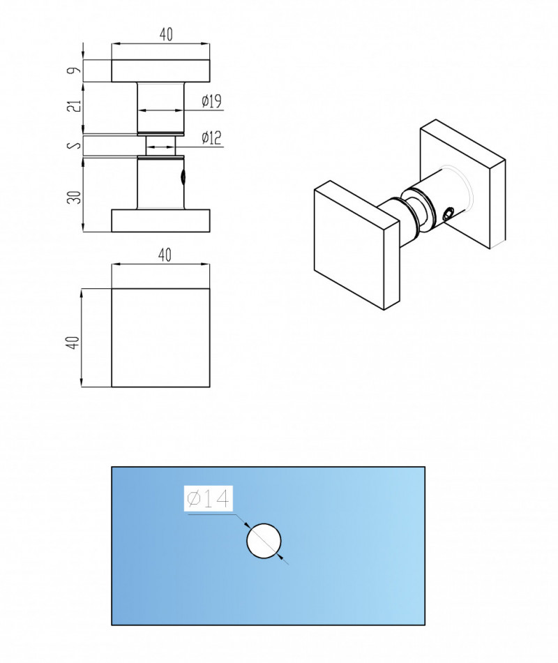 Ручка-кноб квадратная Inoxstore для душевой кабины, сатинированная, AISI 304