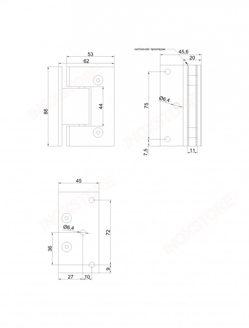 Петля Inoxstore "Престиж" 90°, стена-стекло со смещением, без фаски, полированная, AISI 304