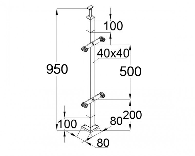 Стойка Inoxstore квадратная, деревянная 40х40х950 мм, с пластинчатыми стеклодержателями (двусторонняя), со вставками из нержавеющей стали AISI 304, покрытие под золото