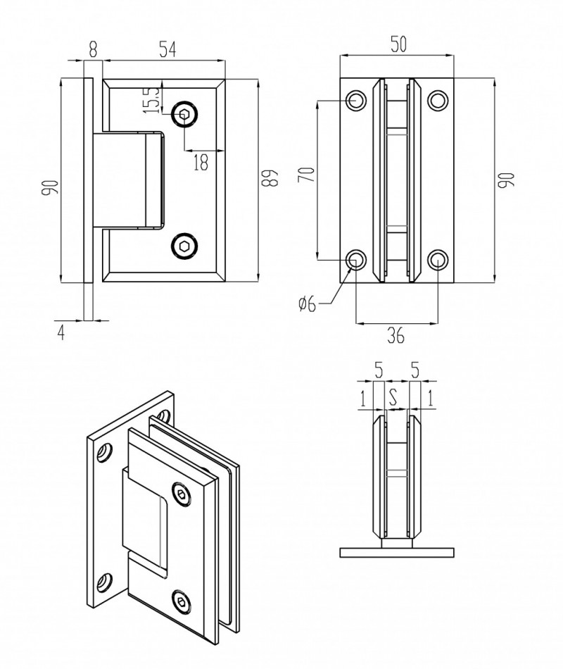 Петля Inoxstore  "Элегант" 90° стена-стекло, с фаской, полированная, AISI 304