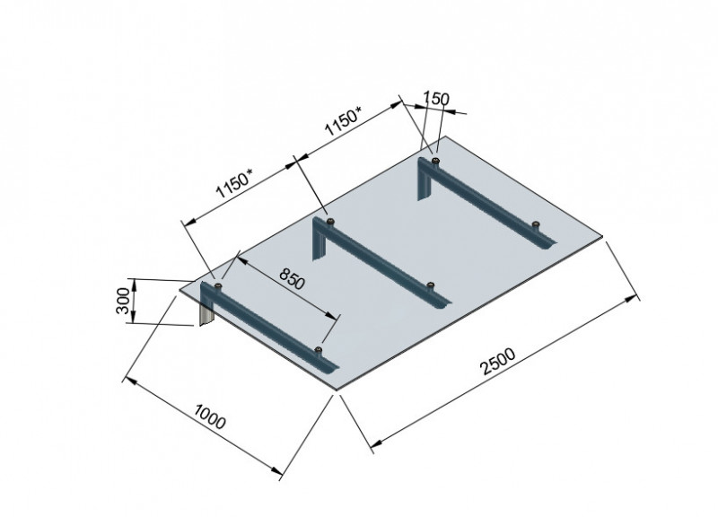 Стеклянный козырек Inoxstore на каркасе, 1000х2500 мм