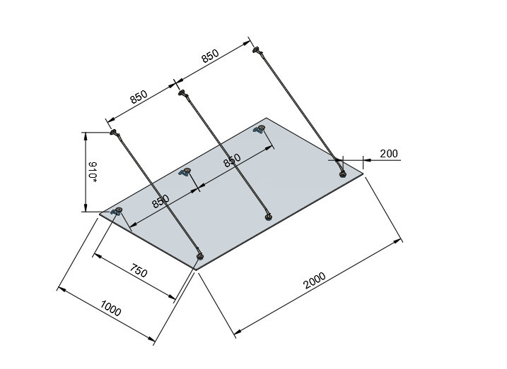 Стеклянный козырек Inoxstore на вантах, 1000х2000 мм