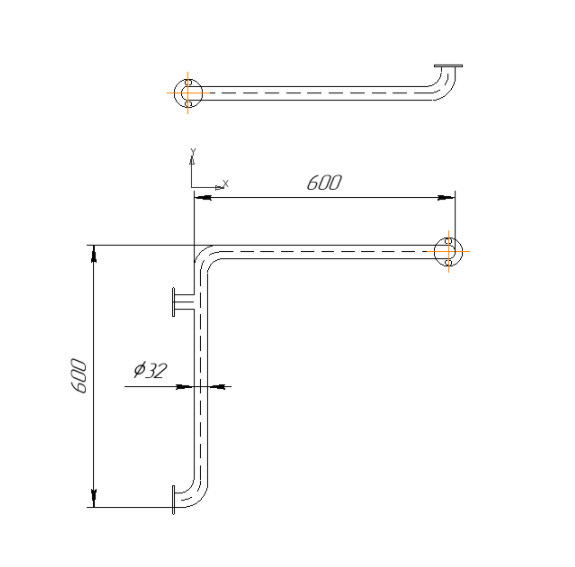 Поручень Inoxstore пристенный угловой из нержавеющей стали, полированный, 600х600 мм