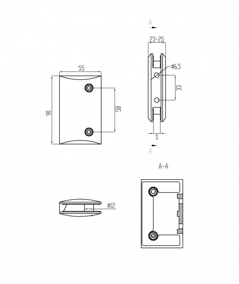 Стеклодержатель Inoxstore "Гонор" стена-стекло, выпуклый, полированный, AISI 304