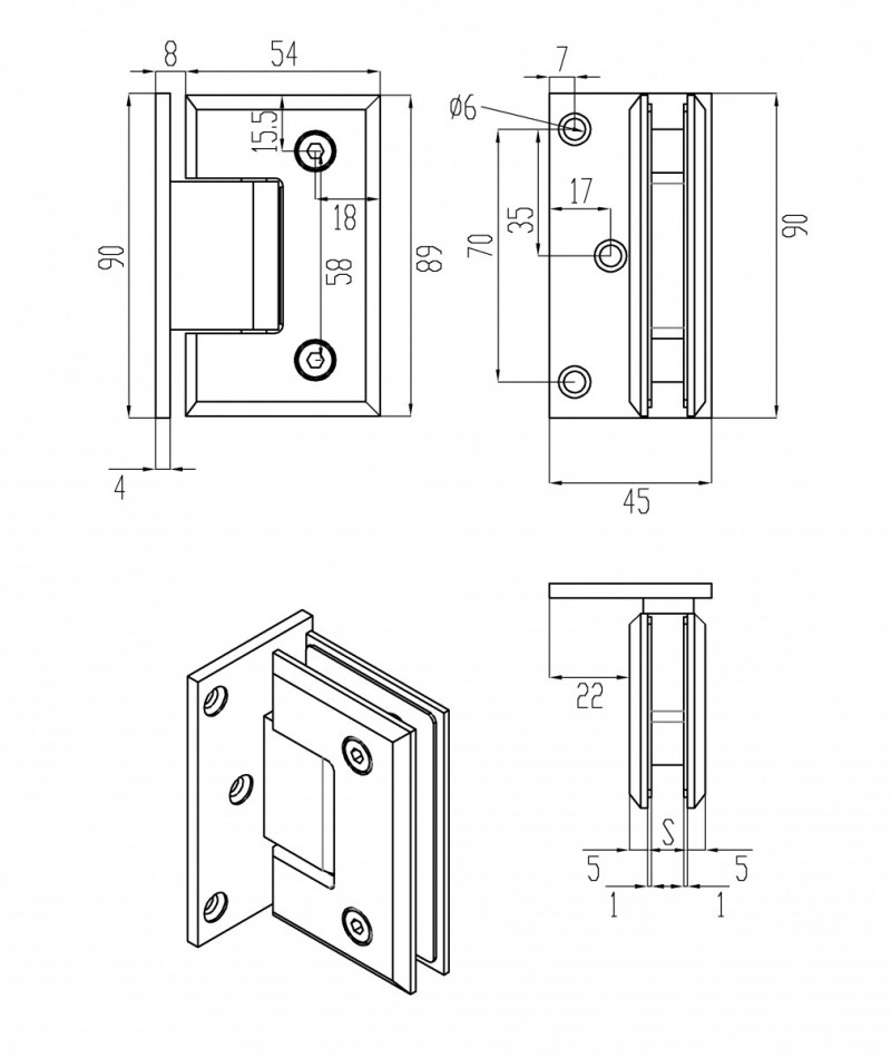 Петля Inoxstore "Элегант" 90° стена-стекло со смещением, с фаской, сатинированная, AISI 304