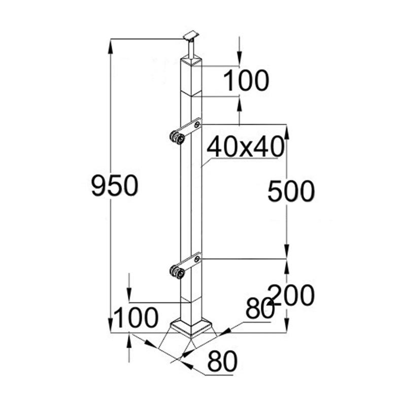 Стойка Inoxstore квадратная, деревянная 40х40х950 мм, с пластинчатыми стеклодержателями (односторонняя), со вставками из нержавеющей стали AISI 304, покрытие под золото