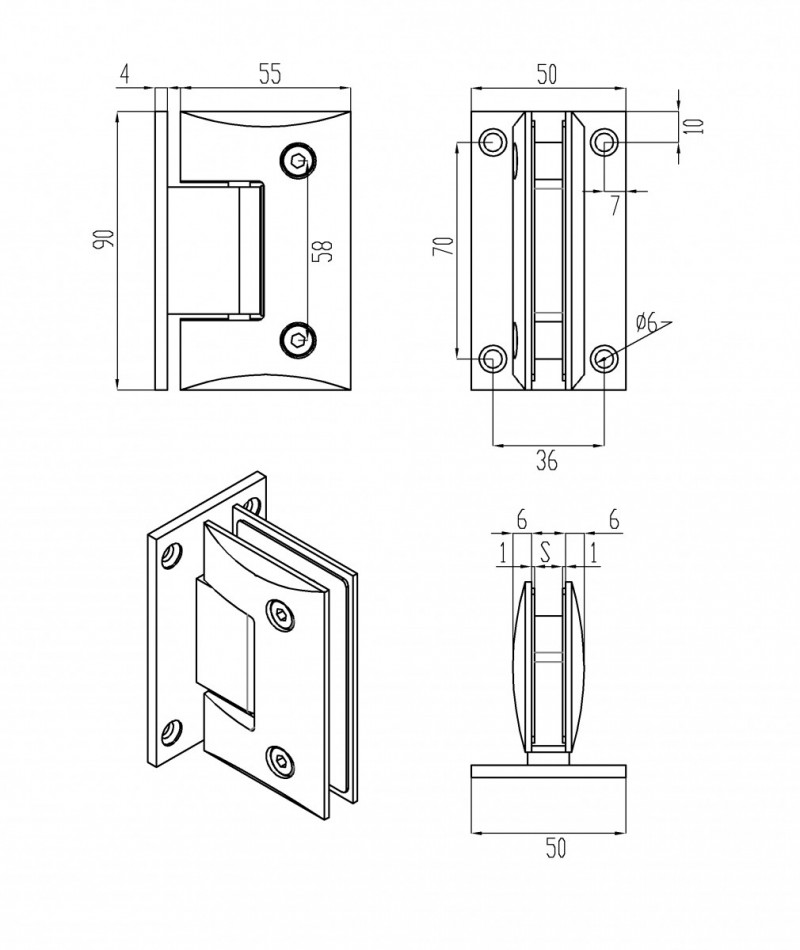 Петля Inoxstore "Гонор" 135° стекло-стекло, выпуклый, сатинированная, AISI 304