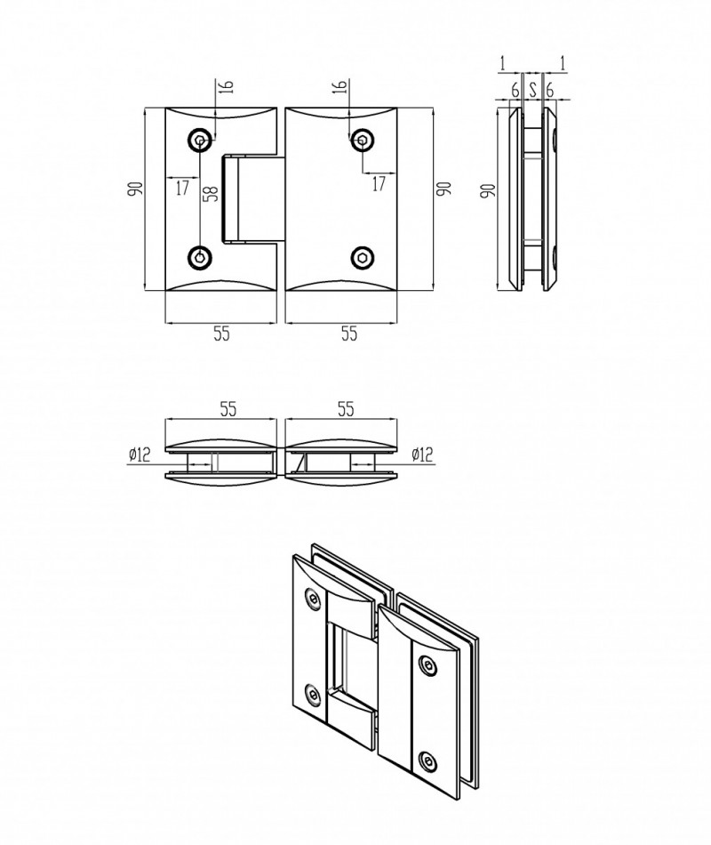 Петля Inoxstore "Гонор" 180° стекло-стекло, выпуклый, сатинированная, AISI 304