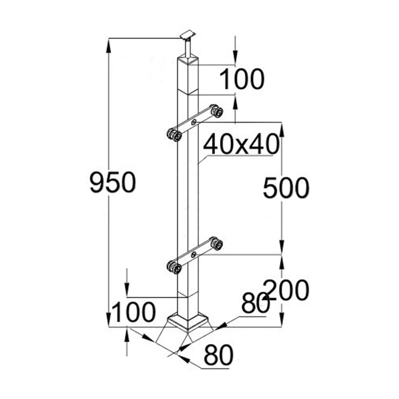 Стойка Inoxstore квадратная, деревянная 40х40х950 мм, с 2 пластинчатыми стеклодержателями (двухсторонняя), со вставками из нержавеющей стали AISI 304