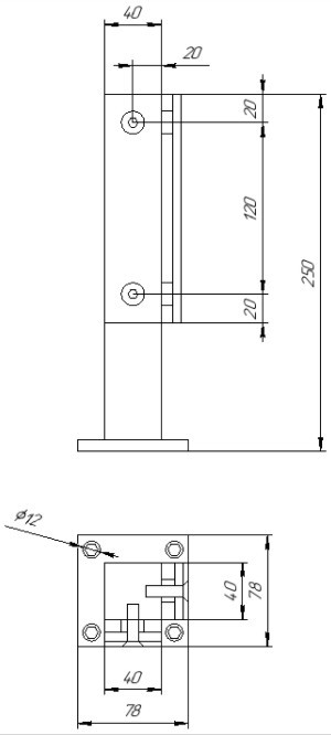 Стеклодержатель Inoxstore напольный, 40х40х250 мм, угловой с прижимной пластиной, черный RAL 9005, AISI 304