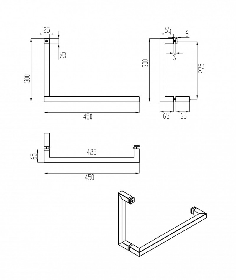Ручка для душевой кабины, 25х25х300х450 мм, цвет чёрный, AISI 304