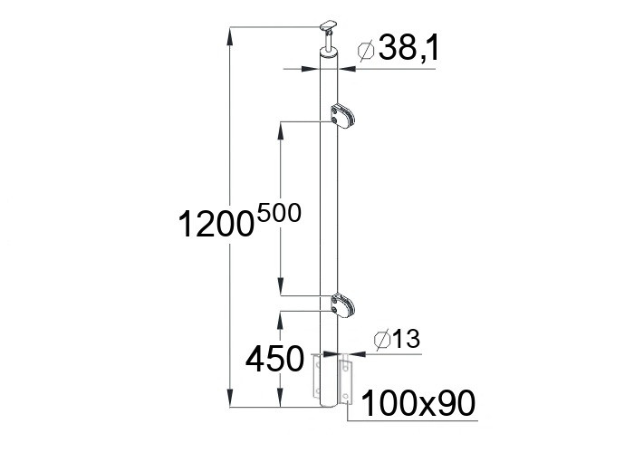 Стойка Inoxstore круглая Ø 38,1х1200 мм, с 2-я штампованными стеклодержателями (R - крепление), с боковым креплением, полированная, AISI 304