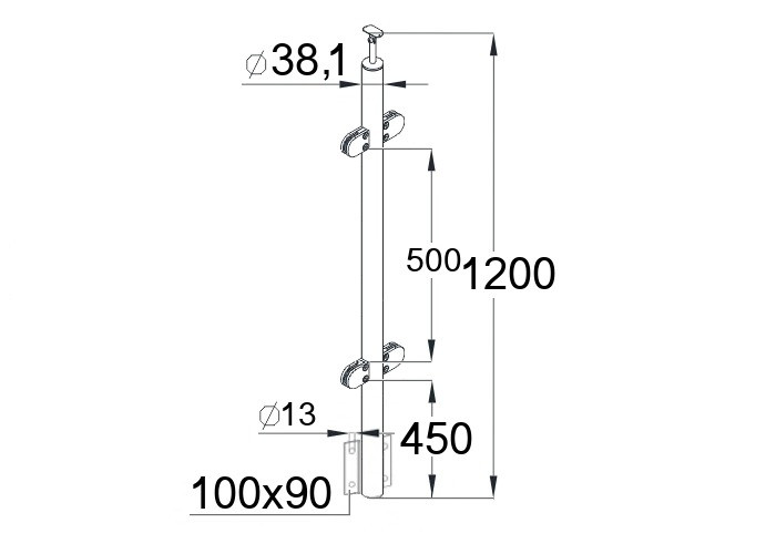 Стойка Inoxstore круглая Ø 38,1х1200 мм, с 4-я штамповаными стеклодержателями, с боковым креплением, полированная, AISI 304