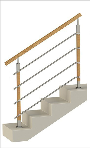 Ограждение на четыре ригеля, квадратный деревянный поручень и стойки с деревянными вставками