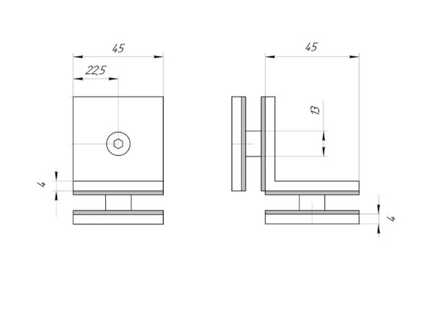 Соединитель стекла Inoxstore 45х90х4 мм на 90°, угловой, сатинированный, AISI 304