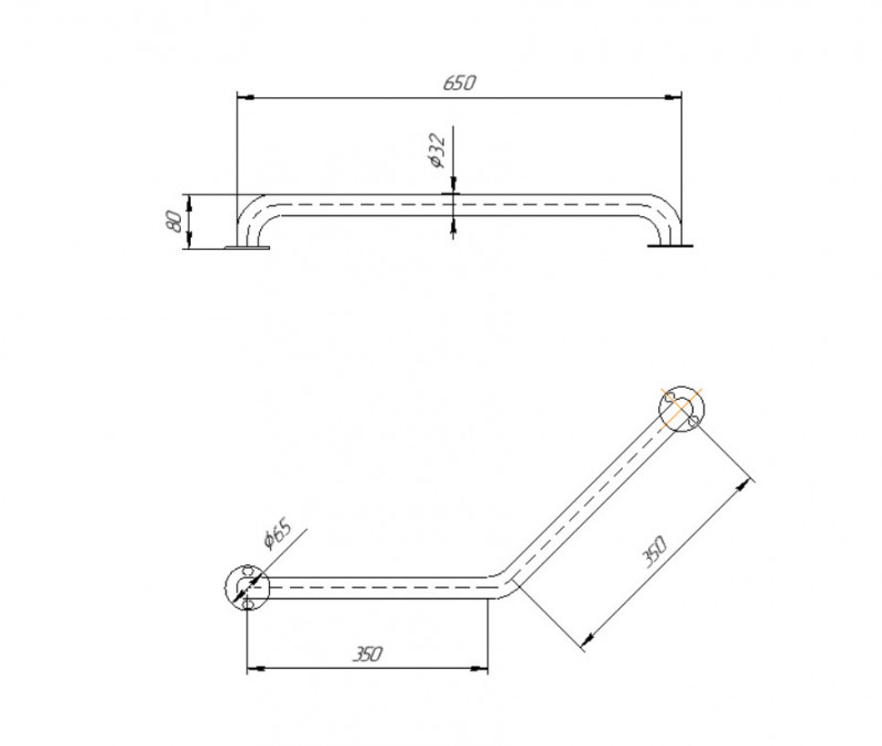 Поручень Inoxstore пристенный для ванных из нержавеющей стали AISI 304, полированный, 350х350 мм, изгиб 45 градусов