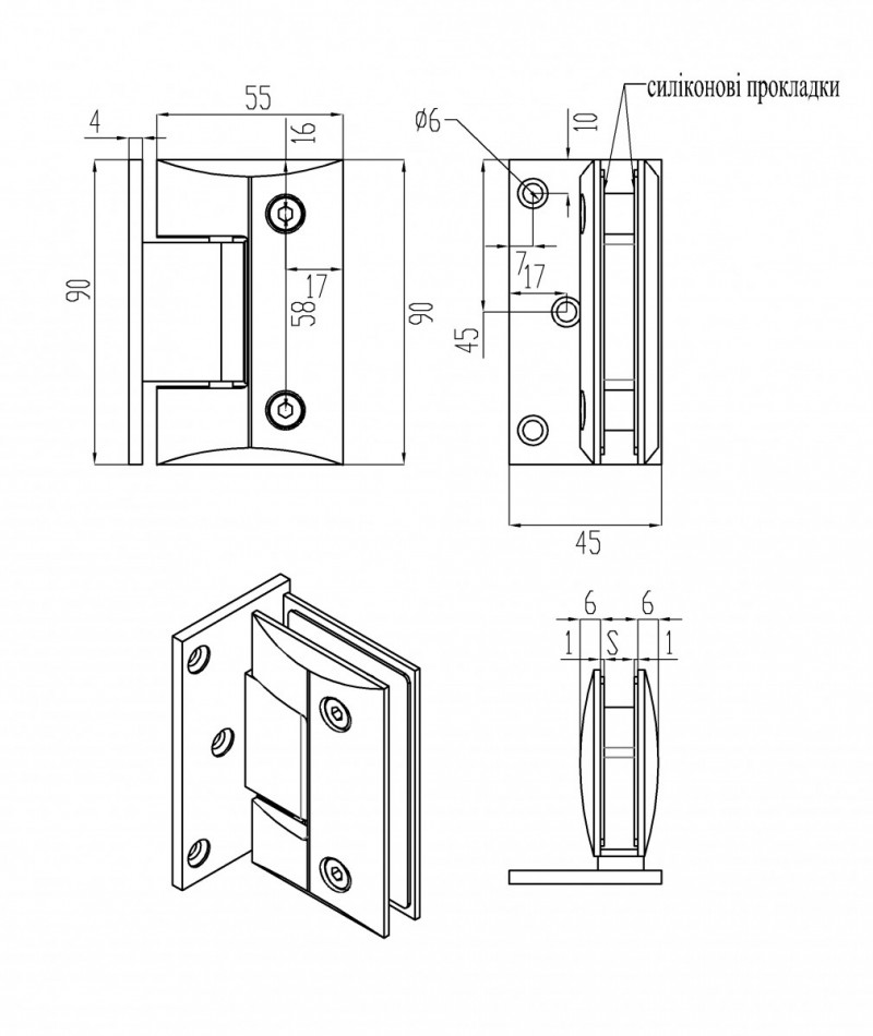 Петля Inoxstore "Гонор" 90°стена-стекло со смещением, выпкулый, сатинированная, AISI 304