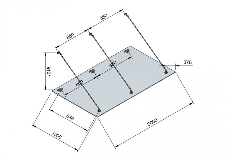 Стеклянный козырек Inoxstore на вантах, 1300х2000 мм