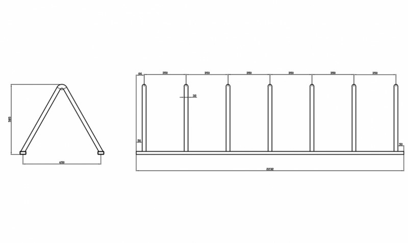 Велопарковка Inoxstore (л-образная) на 6-8 мест(7 дуг) из нержавеющей стали AISI 304, полированная, 585х2232х700 мм