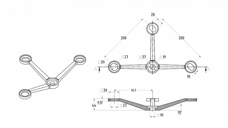 Спайдер Inoxstore тройной 200 мм, Y-образный 3х26х38 мм, сатинированный, AISI 304