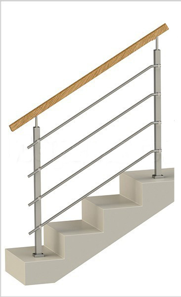 Четыре ригеля на держателях, квадратный деревянный поручень и квадратные стойки