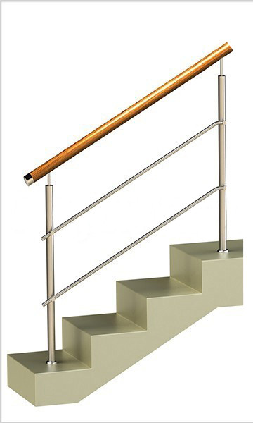 Ограждение на два ригеля, круглый деревянный поручень и круглые стойки