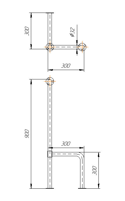 Поручень для туалета с двойной опорой 900х300х300 мм Inoxstore, правый, полированный, AISI 304