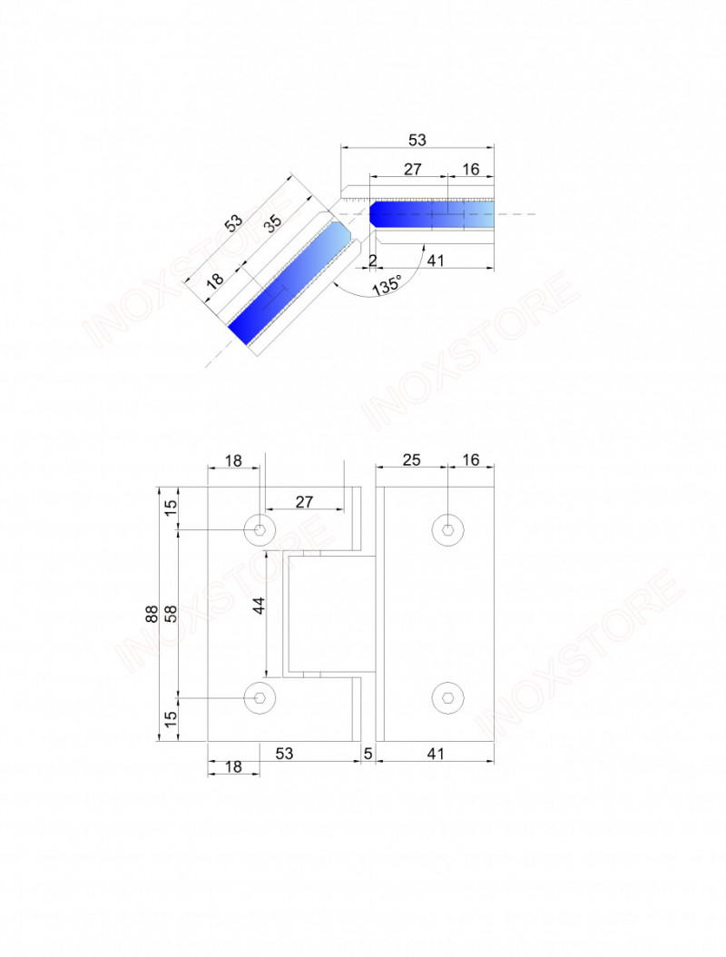 Петля  Inoxstore "Престиж" 135° стекло-стекло, без фаски, полированная, AISI 304