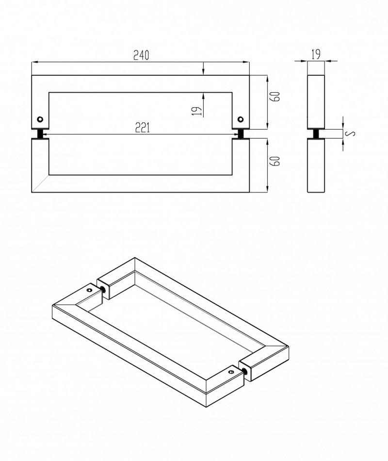 Ручка для душевой кабины, 19х19х222 мм, цвет чёрный, AISI 304