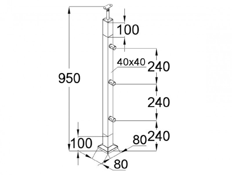 Стойка Inoxstore квадратная, деревянная 40х40х950 мм, с 3 ригелями, со вставками из нержавеющей стали AISI 304, покрытие под золото