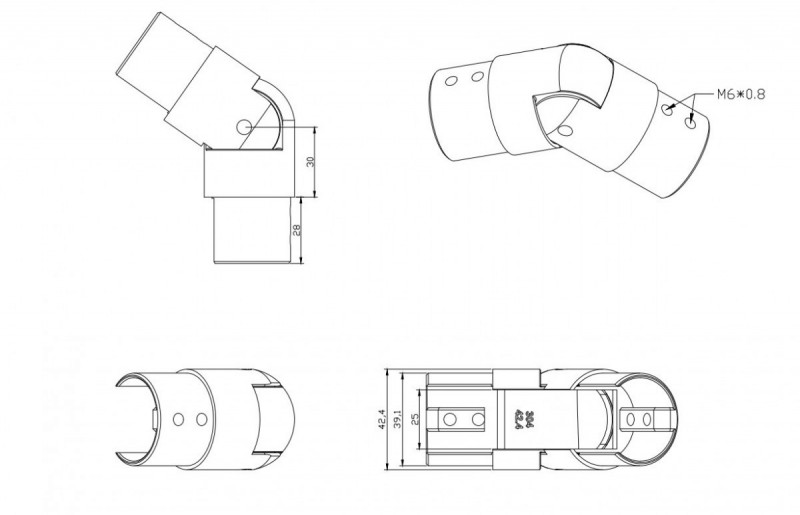Поворот поручня Inoxstore с пазом Ø 42,4 мм, паз 24х24 мм, регулируемый вниз, полированный, AISI 304