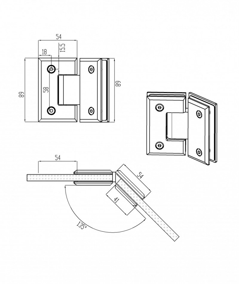 Петля Inoxstore "Элегант" 135° стекло-стекло, с фаской, сатинированная, AISI 304