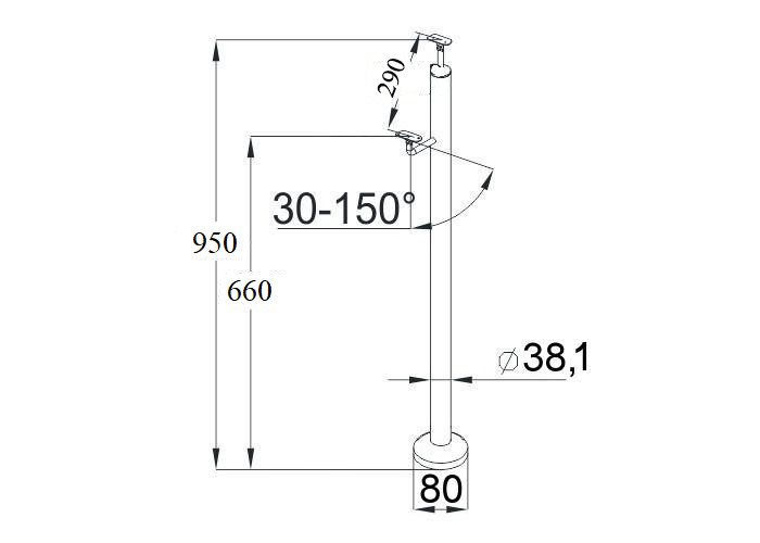 Стойка Inoxstore круглая Ø 38,1х950 мм,  под 2-й поручень для инвалидов, полированная, AISI 304