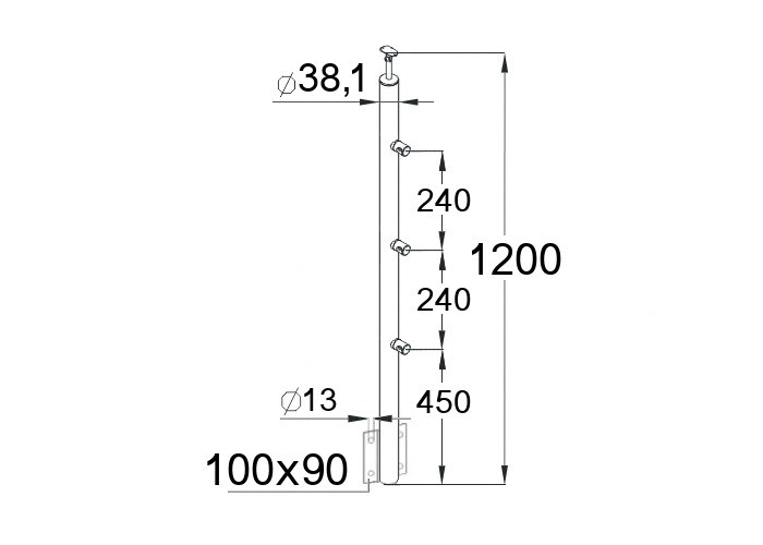 Стойка Inoxstore круглая Ø 38,1х1200 мм, с 3-я ригелями, с боковым креплением, полированная, AISI 304