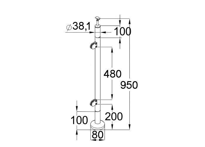 Стойка Inoxstore деревянная, круглая Ø  38,1х950 мм с 2 литыми стеклодержателями, со вставками из нержавеющей стали AISI 304, покрытие под золото (L монтаж)