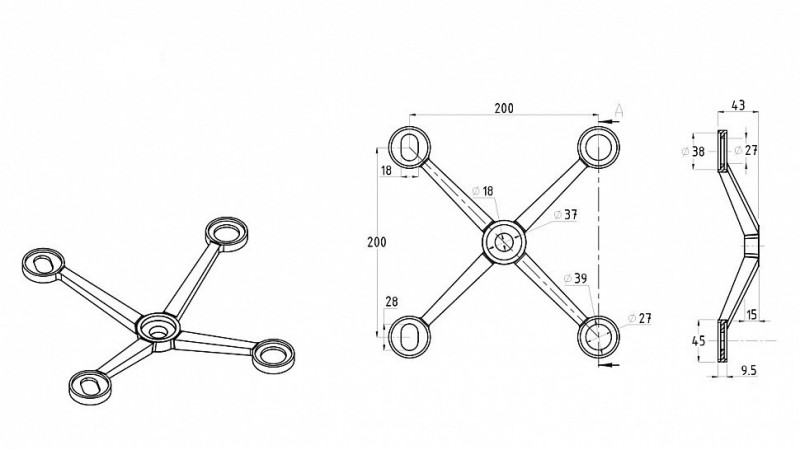 Спайдер Inoxstore четверной- 200 мм, X-образный 4х26х38 мм, сатинированный, AISI 304