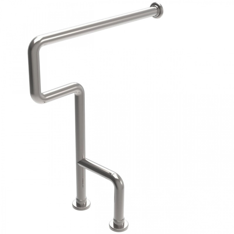 Поручень для инвалидов в санузел с дополнительной опорой в пол и ручкой 850х750 мм, правый, труба Ø38 мм, полированный, AISI 304