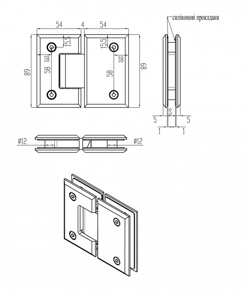 Петля Inoxstore "Элегант" 180° стекло-стекло, с фаской, сатинированная, AISI 304