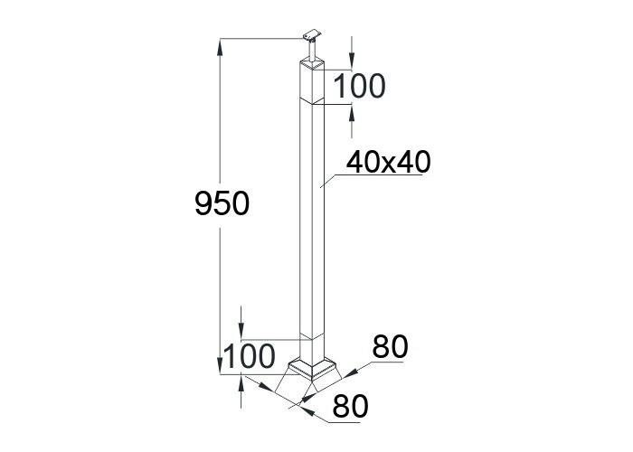 Стойка Inoxstore квадратная, деревянная 40х40х950 мм с 2 литыми стеклодержателями, со вставками из нержавеющей стали AISI 304, покрытие под золото (R монтаж)