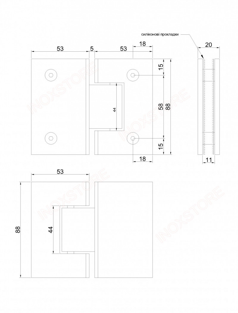 Петля Inoxstore "Престиж" 180° стекло-стекло, без фаски, полированная, AISI 304