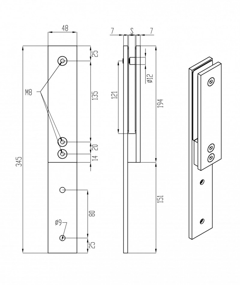 Стеклодержатель Inoxstore зажимной 48х347мм, боковое крепление, сатинированный AISI 304